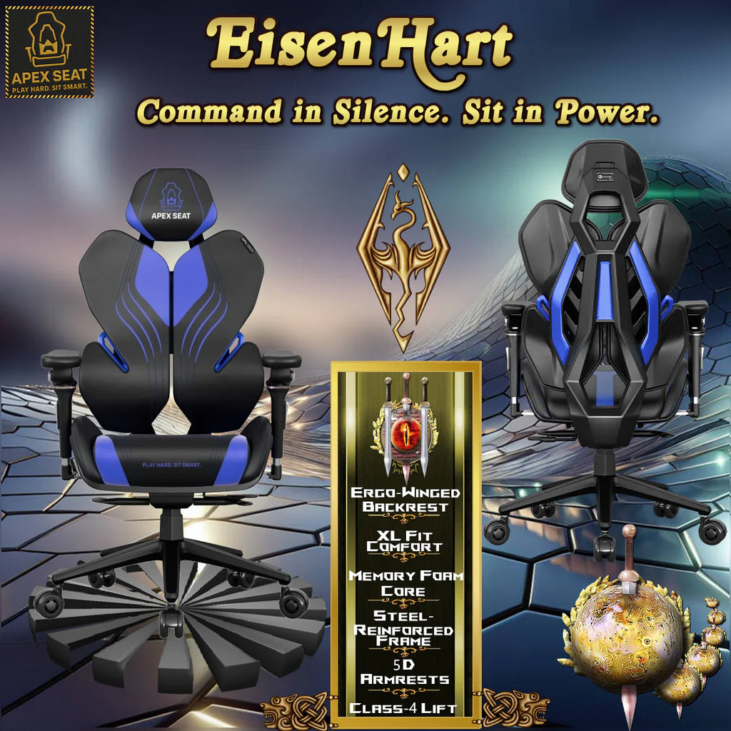 APEX SEAT EisenHart  Gaming Chair With 5D Chrome Armrests, Weight-Activated Recline, Customizable Multi-Tilt & Height , PU Casters, Matte Aluminum Base, Cashmere Leather Finish , 180KG Weight Capacity | Black with Indigo Accents