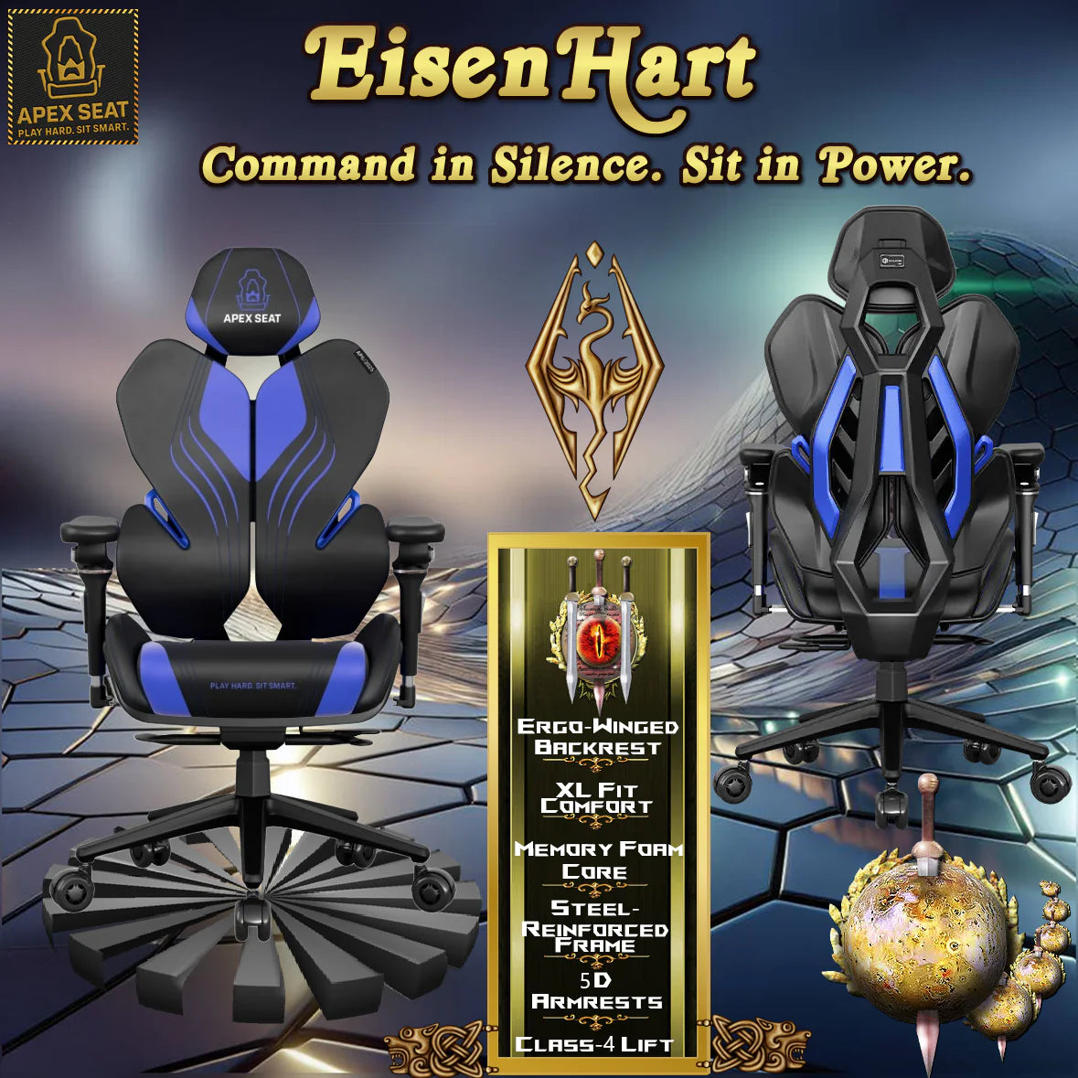 APEX SEAT EisenHart  Gaming Chair With 5D Chrome Armrests, Weight-Activated Recline, Customizable Multi-Tilt & Height , PU Casters, Matte Aluminum Base, Cashmere Leather Finish , 180KG Weight Capacity | Black with Indigo Accents
