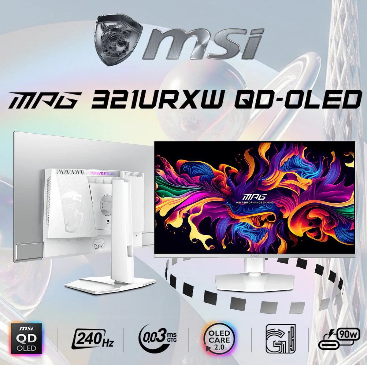 MSI MPG 321URXW QD-OLED 32 Inch UHD 3840×2160 Gaming Monitor 240Hz Refresh 0.03ms Response HDR True Black 400 ClearMR 13000 HDMI 2.1 G-Sync OLED Care 2.0 , Adjustable Hight & Tilt | WHITE & SILVER | 6 MONTHS WARRANTY