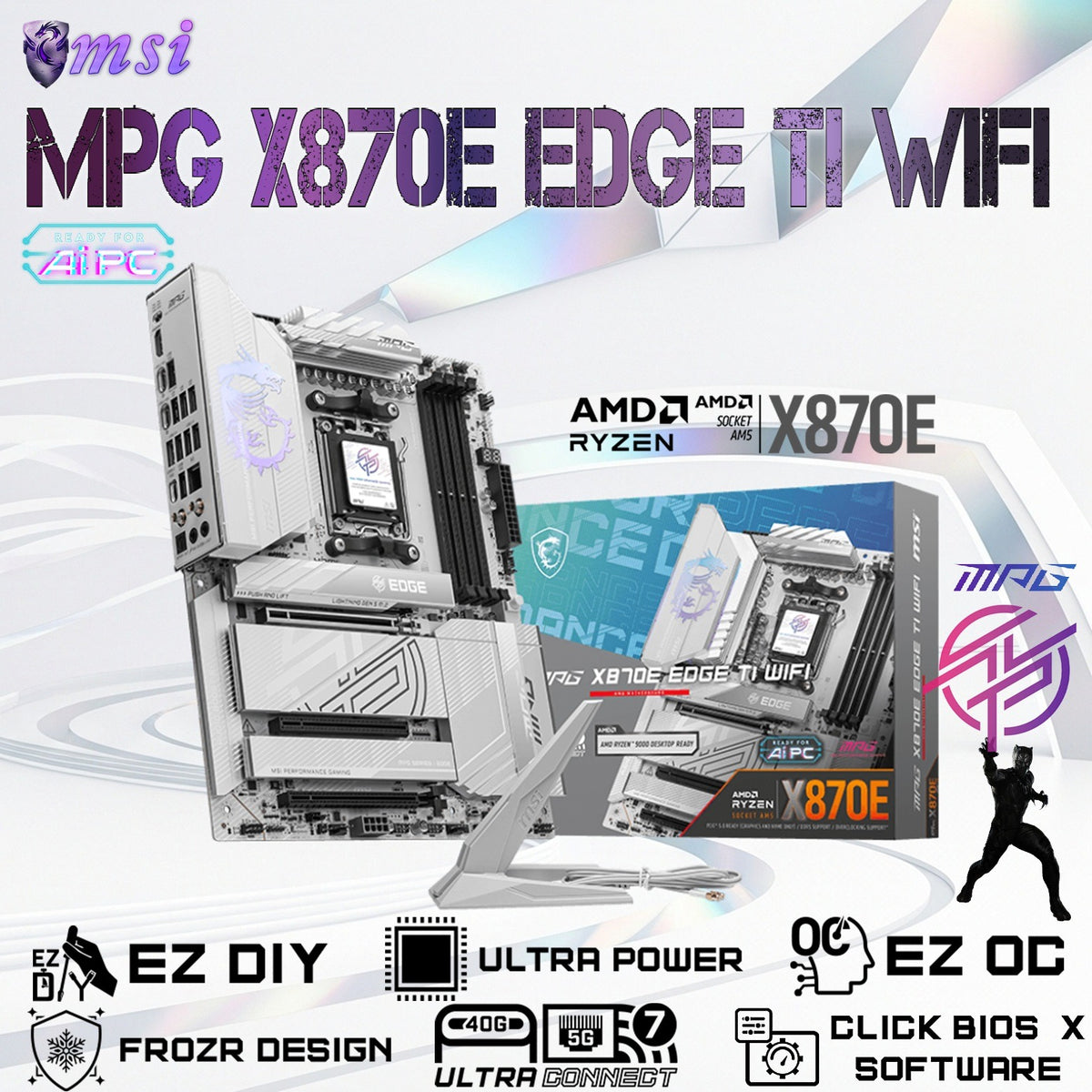 MSI MPG X870E EDGE TI WiFi White ATX Motherboard – AMD Ryzen 9000 / 8000 / 7000 Series Support | DDR5 8400+ MHz | Wi-Fi 7 & 5G LAN | PCIe 5.0 | USB4 | 14+2+1 Power Design | Frozr Cooling & Mystic Light