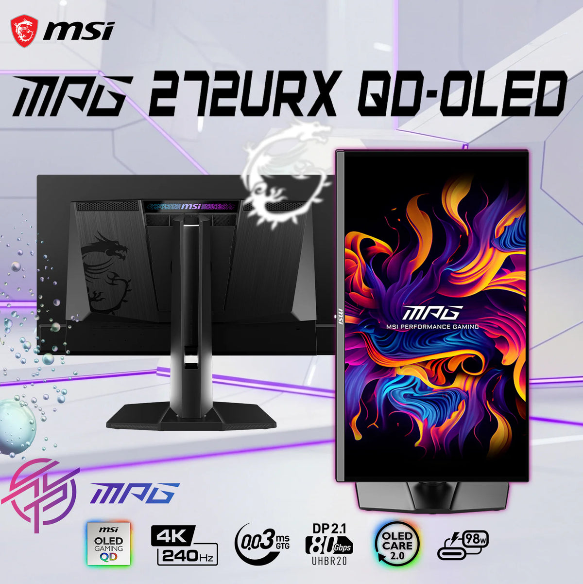 MSI MPG 272URX QD-OLED 27″ UHD Gaming Monitor With 240Hz Refresh, 0.03ms Response, DisplayPort 2.1a, HDMI 2.1, OLED Care 2.0, HDR True Black 400, G-Sync Compatible , Adjustable Stand (Tilt, Swivel, Pivot, Height) ~ 6 MONTHS WARRANTY