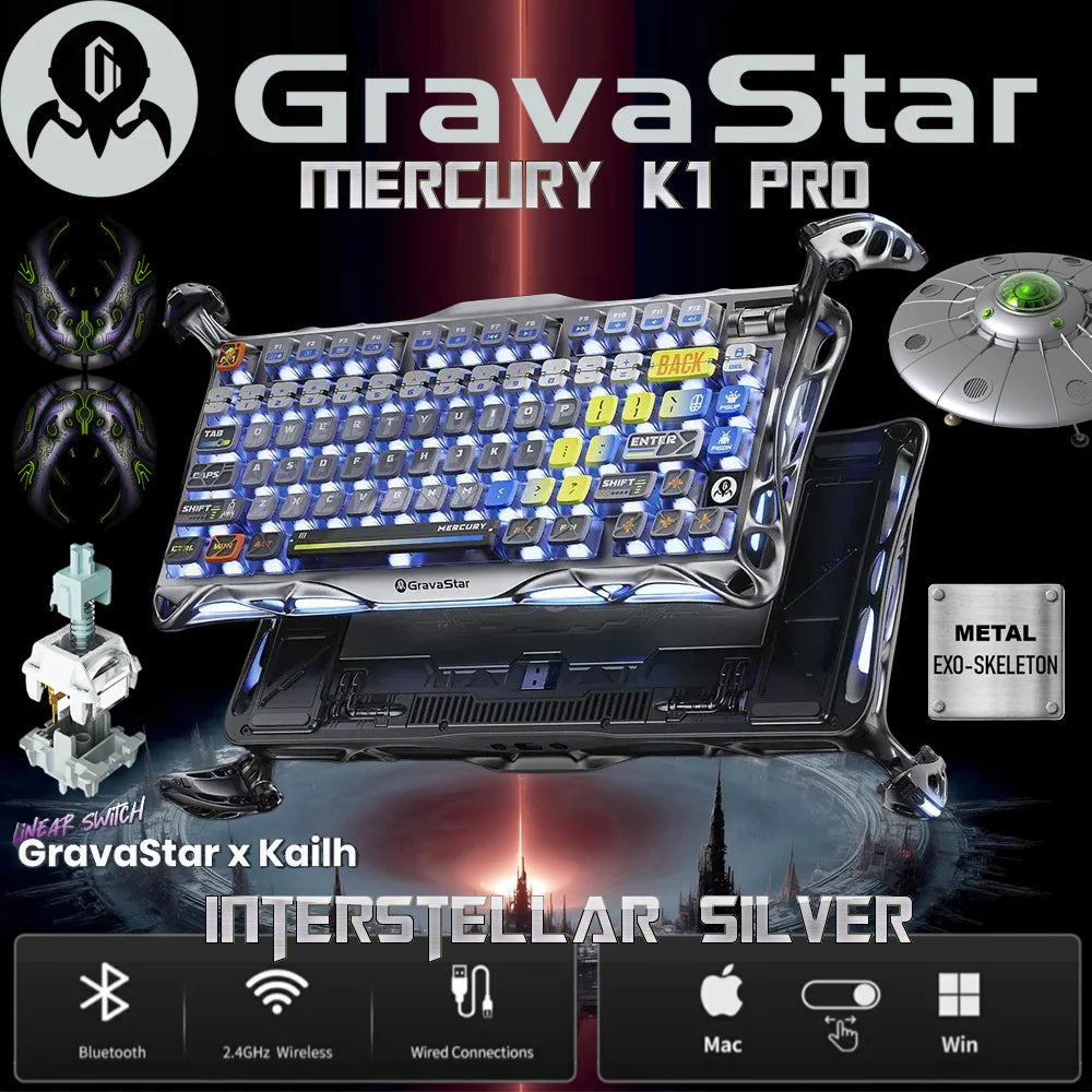 GravaStar Mercury K1 Pro Interstellar 75% Tri-Mode Connectivity Mechanical Keyboard With Gasket Mount, x Kailh Speedy Mint Linear Switches, Dual RGB, PBT Keycaps, 8000mAh Battery, Aluminum Alloy Exoskeleton, for Windows / macOS | Silver Edition