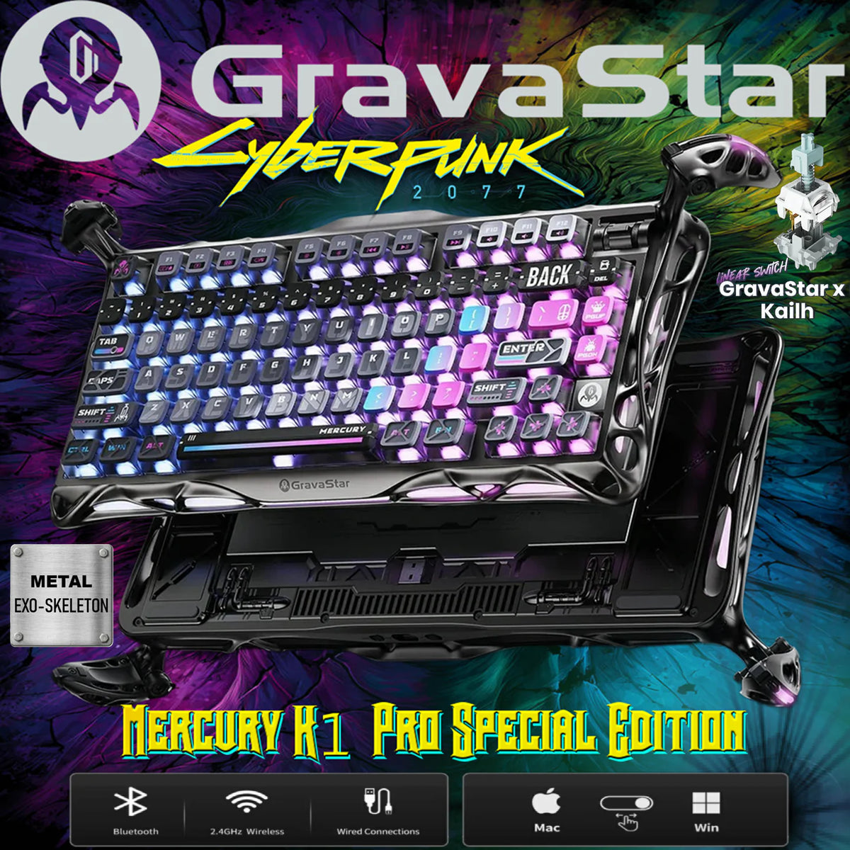 GravaStar Mercury K1 Pro Cyberpunk Special Edition 75% Tri-Mode Mechanical Keyboard With FR4 Plate, x Kailh Speedy Mint Linear Switches , Dual RGB Zones, 8000mAh Battery, PBT Keycaps, Aluminum Alloy Exoskeleton