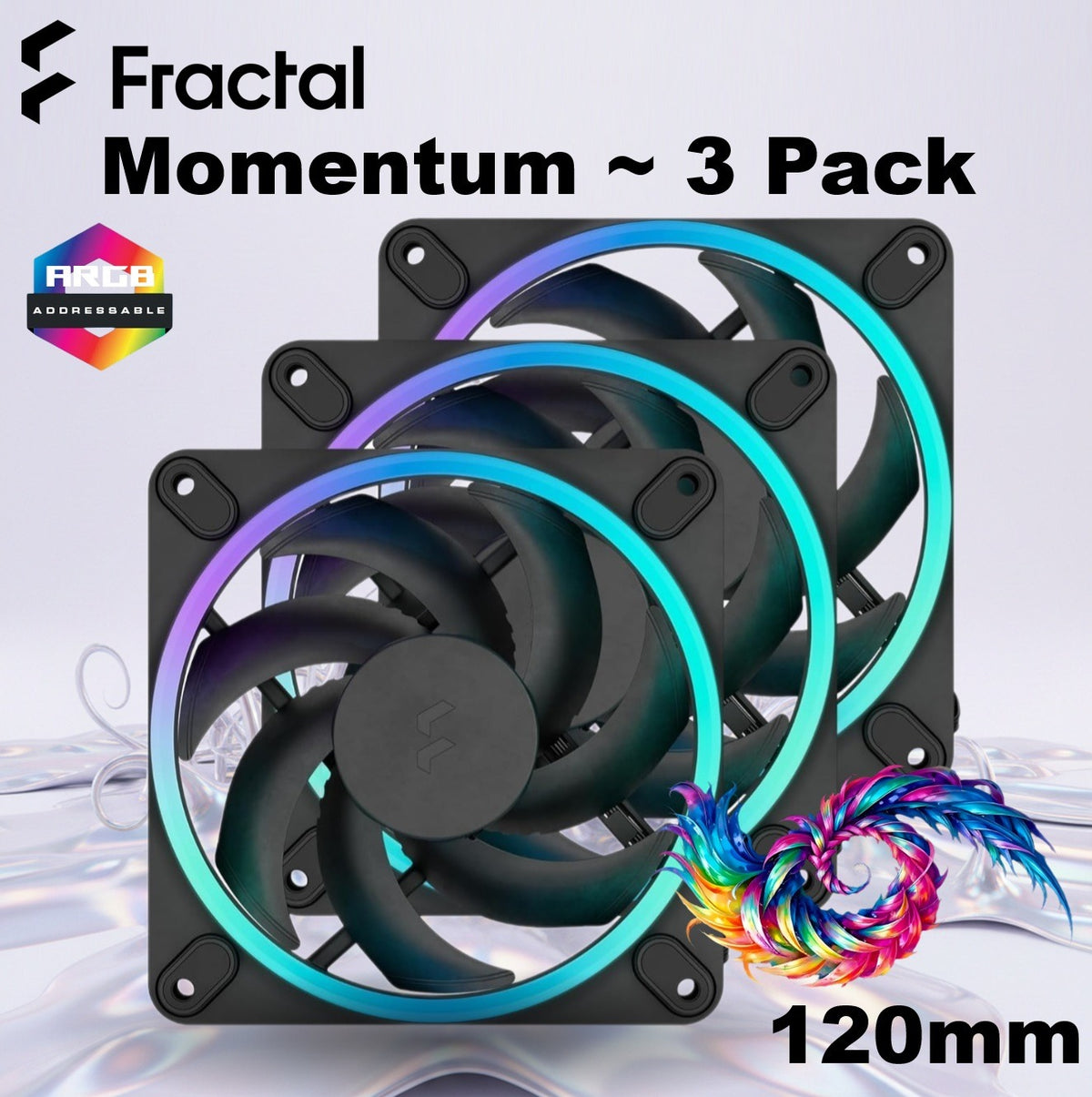 Fractal Momentum 12 ARGB 3-Pack High-Performance 120mm Fans With ARGB Gen 2 Lighting, LCP Blades, FDB Bearing, PWM Control, Zero RPM Mode, High Airflow And Low Noise ~ Black FD-F-MR1-1203