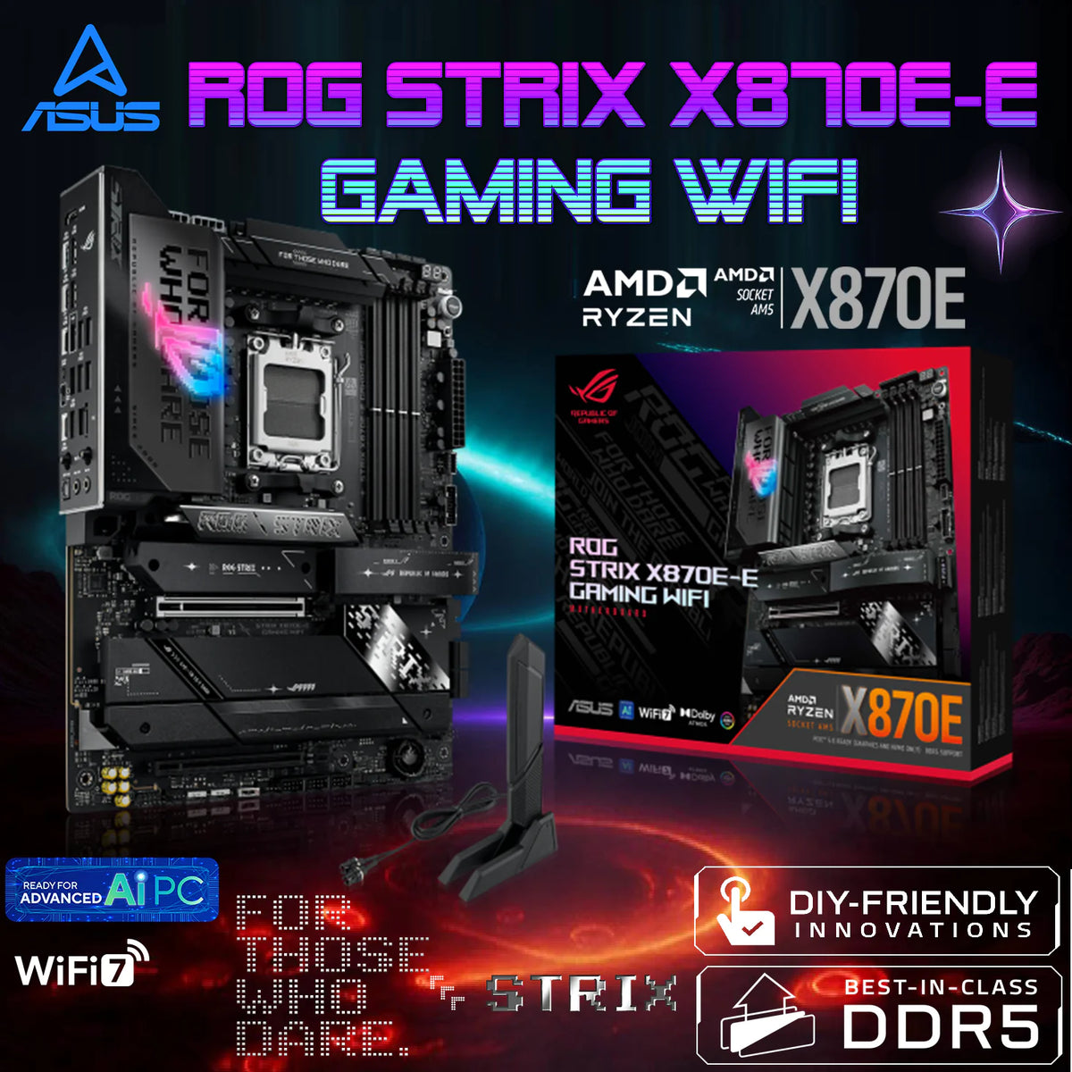 ASUS ROG Strix X870E-E Gaming WiFi AMD AM5 X870 ATX Motherboard 18+2+2 Power Stages, Dynamic OC Switcher, Core Flex, DDR5 AEMP, WiFi 7, 5X M.2, PCIe® 5.0, Q-Release Slim, USB4®, AI OCing & Networking