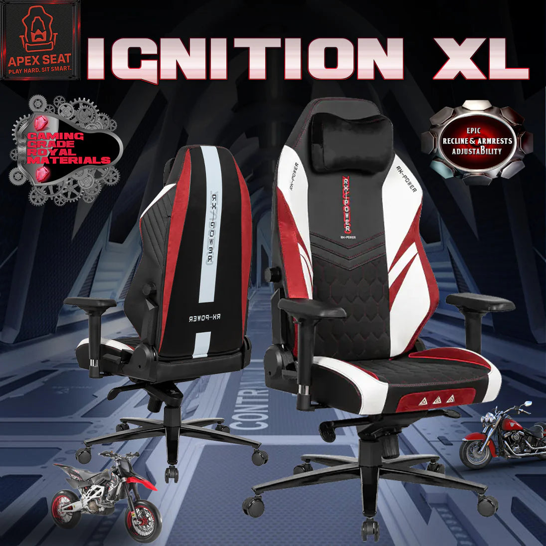 APEX SEAT “Ignition XL” Gaming Chair With 160KG Capacity, PU+Velvet+Suede Upholstery, Recline 90–141°, 4D Armrests, Magnetic Headrest, Class-4 Gas Lift, Frog Mechanism, Iron Base , ≤160KG Capacity| RACING BLACK RED WHITE