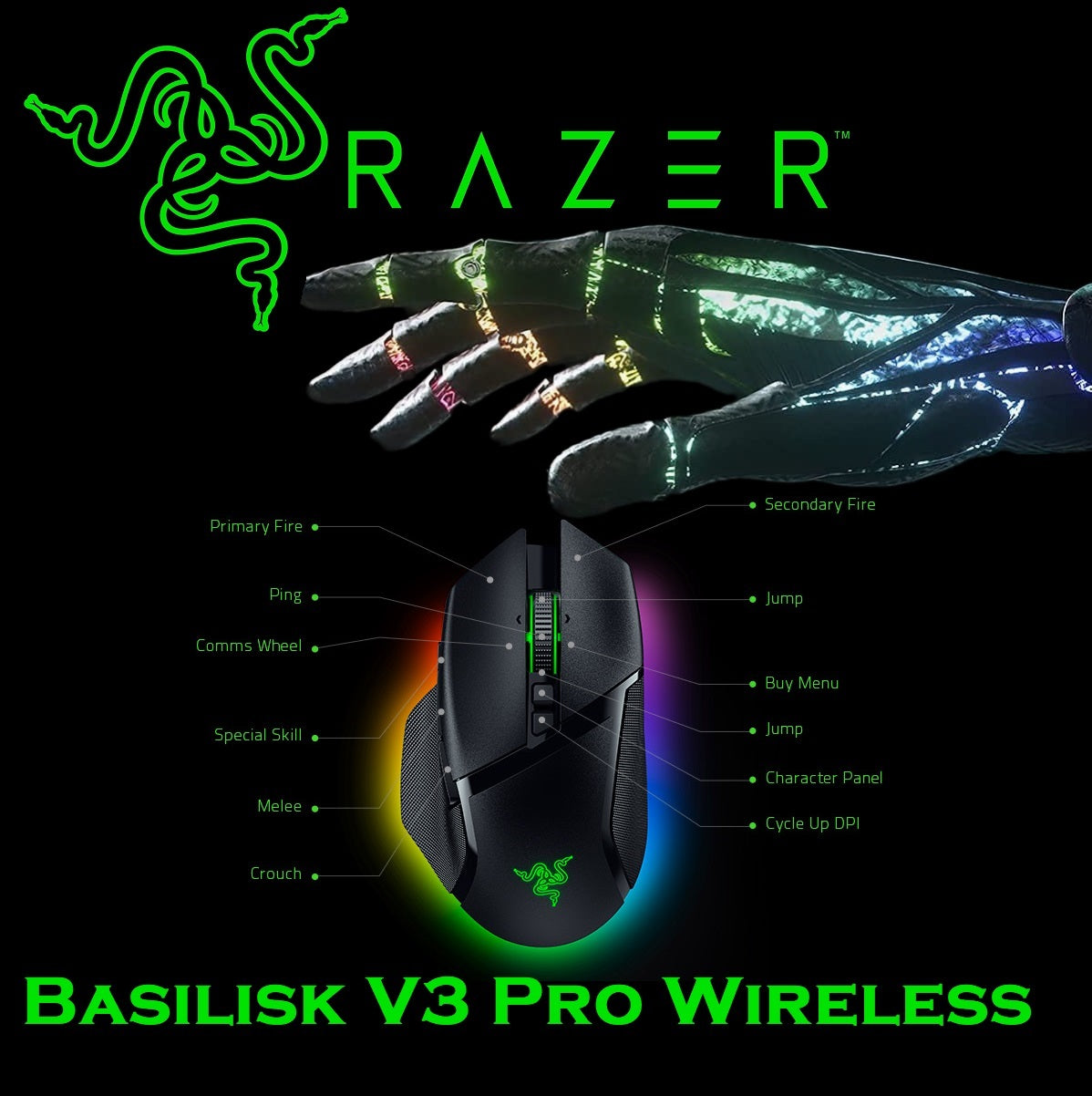 Razer Basilisk V3 Pro Wireless Gaming Mouse : HyperScroll Tilt Wheel – 30K DPI Optical Sensor – Gen-3 Optical Switches – 13-Zone Chroma RGB – 13 Programmable Controls – 3 Connection Modes | Black