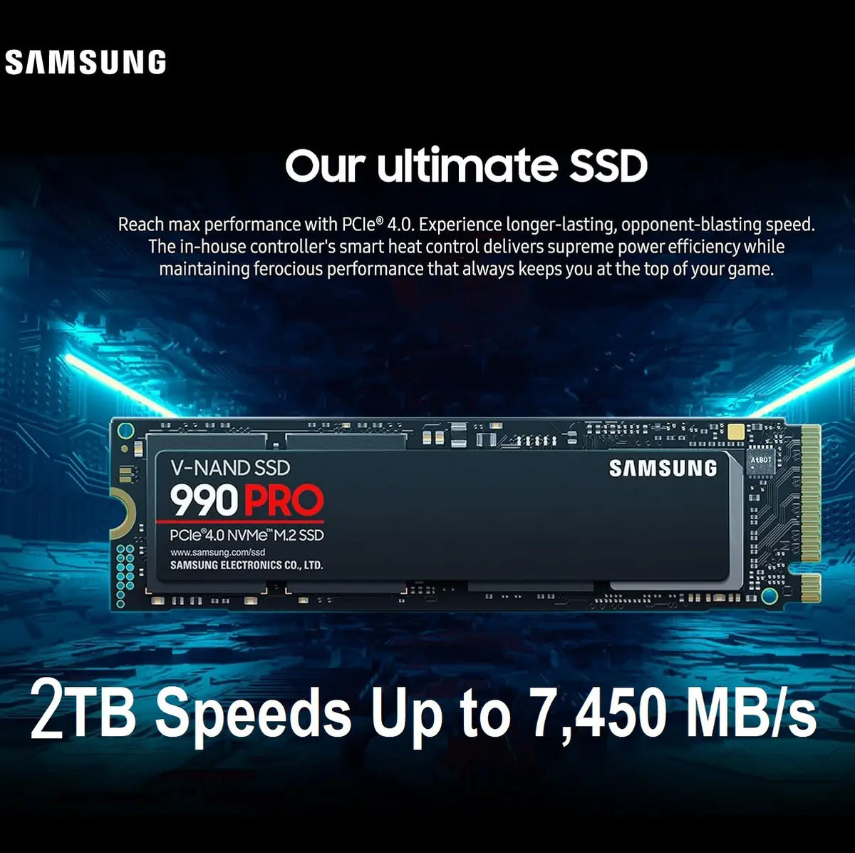 SAMSUNG 990 PRO SSD 2TB PCIe 4.0 M.2 2280 Internal Solid State Hard Drive, Seq. Read Speeds Up to 7,450 MB/s for High End Computing, Gaming, and Heavy Duty Workstations | MZ-V9P2T0BW