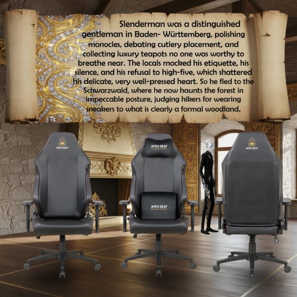 APEX SEAT SLENDERMAN Gaming Chair With PU Leather + Velvet + Suede Upholstery ,  90–155°  Recline , 2D Armrests,  Class 4 Gas Lift, Metal Frame , Memory Foam  , Backrest Cushion & Magnetic Headrest Included | SLEEK BLACK ~ AP-2155