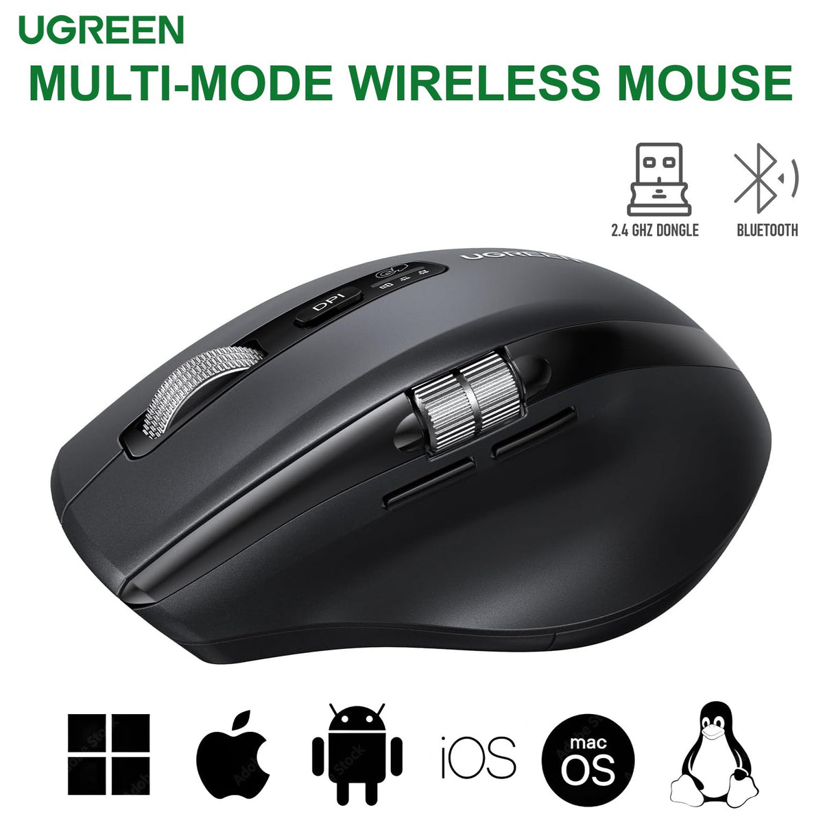 UGREEN M751 Wireless Mouse, Bluetooth & 2.4G Master Computer Mouse with Ultra-Fast Scrolling, 5-Level up to 5K DPI, Silent, Connects Up to 3 Devices, 6 Buttons, 10M Connection | BLACK ~ 45792
