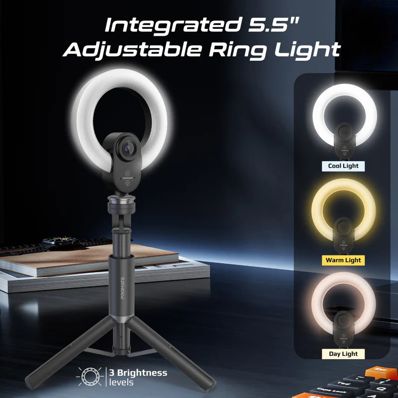 2K Ultra-HD Webcam With Built-In Mic, 5.5″ Ring Light, 90° Wide-Angle Lens, Digital Zoom, Sony Advanced Sensor & Detachable Tripod | 1080p@60FPS | Magnetic Privacy Cover