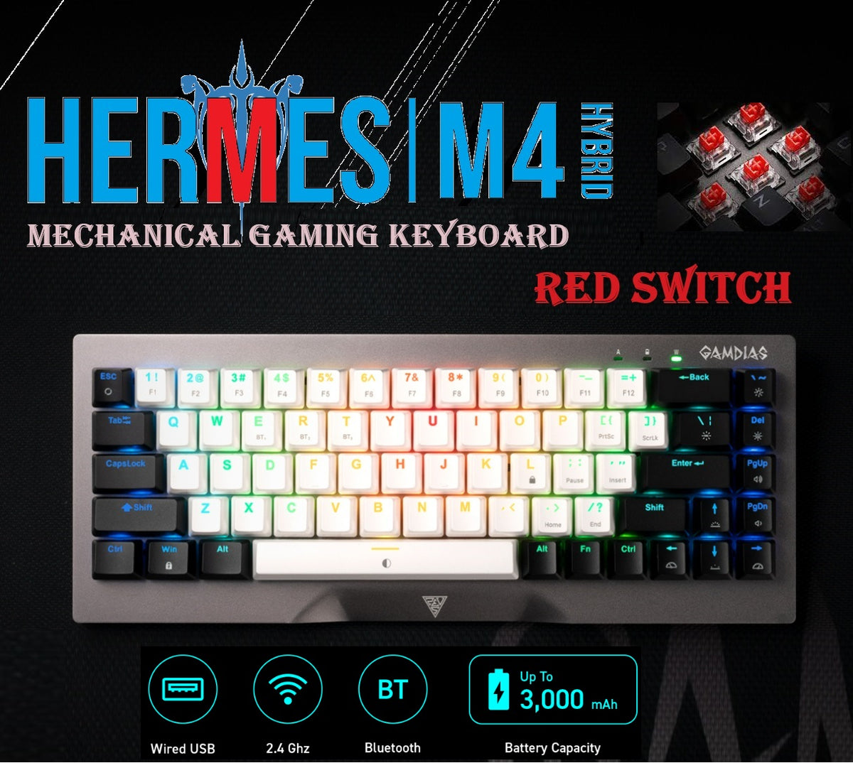 GAMDIAS HERMES M4 HYBRID MECHANICAL 60% GAMING KEYBOARD WITH RED SWITCH | WIRELESS or WIRED CONNECTIVITY | DUAL COLOR WAY KEY CAPS | ANTI-GHOSTING WITH N-KEY ROLLOVER | SOFTWARE MACRO KEYS | METAL PANEL FINISH