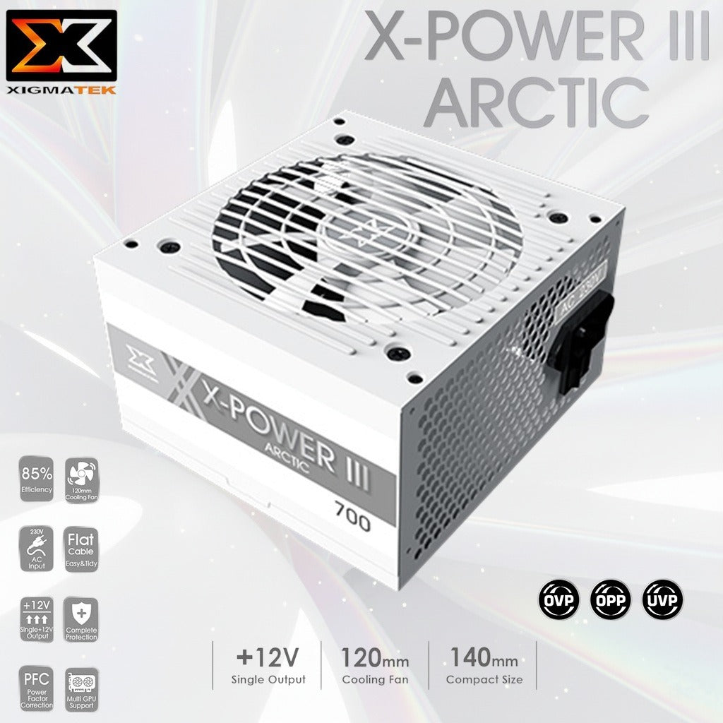 Xigmatek X-Power III Arctic 700W 85% Efficiency 80 PLUS White Power Supply – Single +12V Rail, 120mm Silent Fan, Dual CPU & GPU Support, Full Protection Suite, Flat Black Cables , Non-modular