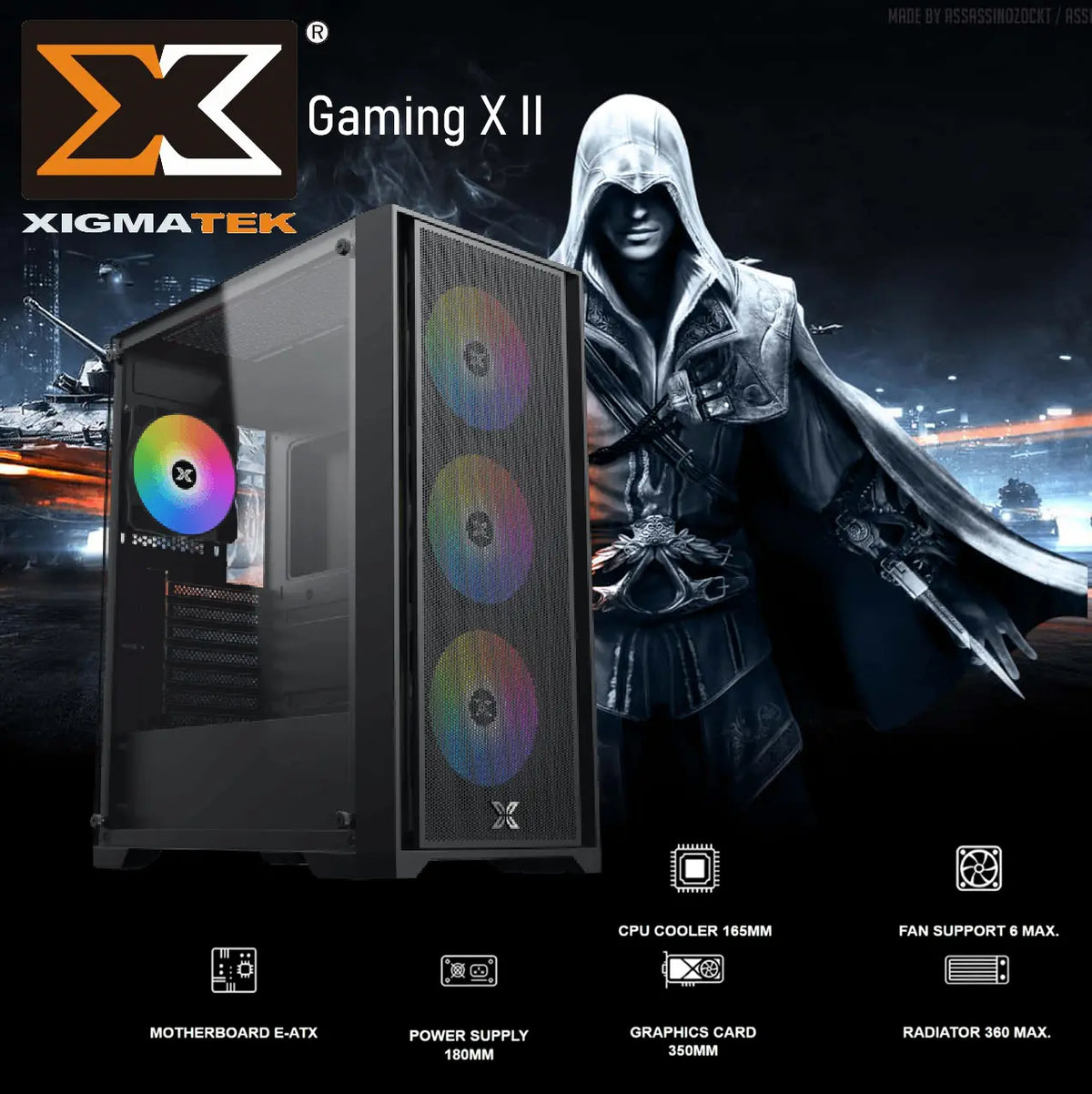 XIGMATEK Gaming X II EATX Mid Tower Case, E-ATX Support, Front Mesh Grill & Left Tempered Glass ; 360mm Front Radiator, 6 Fan Capacity, 350mm GPU Clearance, USB 3.0 & 2.0 I/O Ports, 7 Expansion Slots | BLACK EN42850