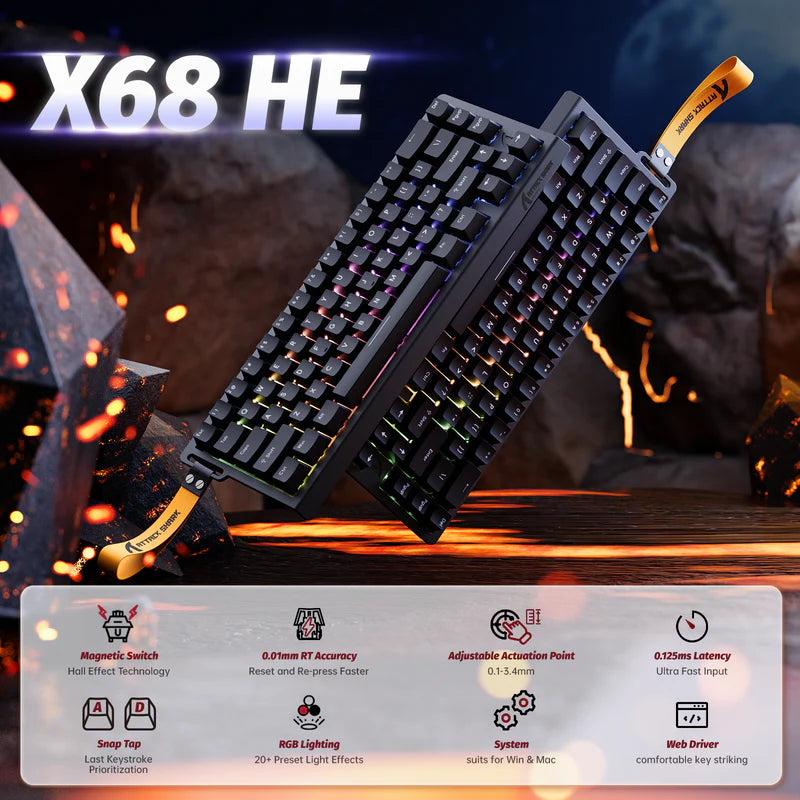 Attack Shark X68HE Black Magnetic Gaming Keyboard – 60% Layout, 0.01mm Rapid Trigger, 8000Hz Polling, Adjustable Hall Switches, RGB, USB-C, PBT Keycaps – Wired