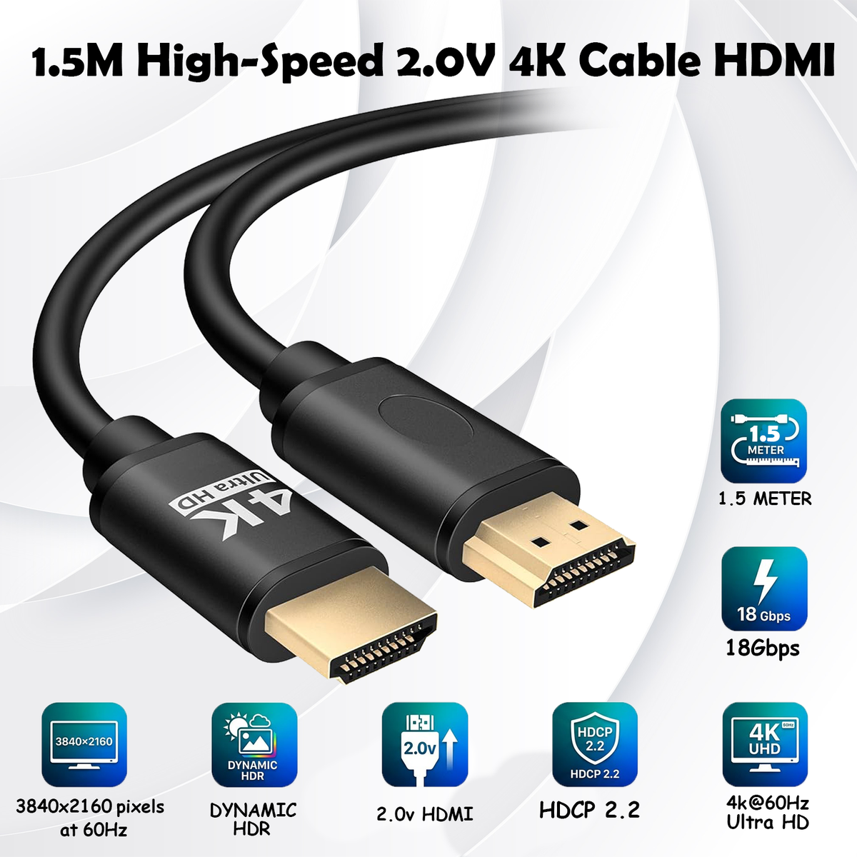 HDMI 4K Cable 2.0V 1.5M High-Speed 18Gbps 3840×2160@60Hz 3D Dynamic HDR HDCP2.2 Mirror Extend Game Mode for TV PC Console Gaming
