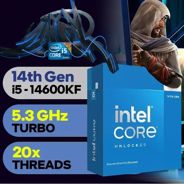 CPU Intel Core i5-14600KF – Raptor Lake Core i5 14th Gen 14-Core (6P+8E) LGA 1700 125W 5.3GHz Max Turbo ; None Integrated Graphics Desktop Processor – Boxed | 1 YEAR WARRANTY