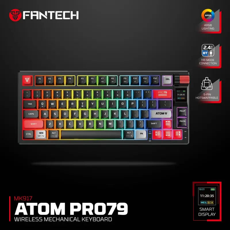 Fantech MK917 ATOM PRO79 Tri-Mode Wireless Mechanical Gaming Keyboard – Wireless & Wired, 79 Keys, Hot-Swappable, RGB, Smart Display, Rotary Knob , Built-in Battery, RED SWITCH | BLACK