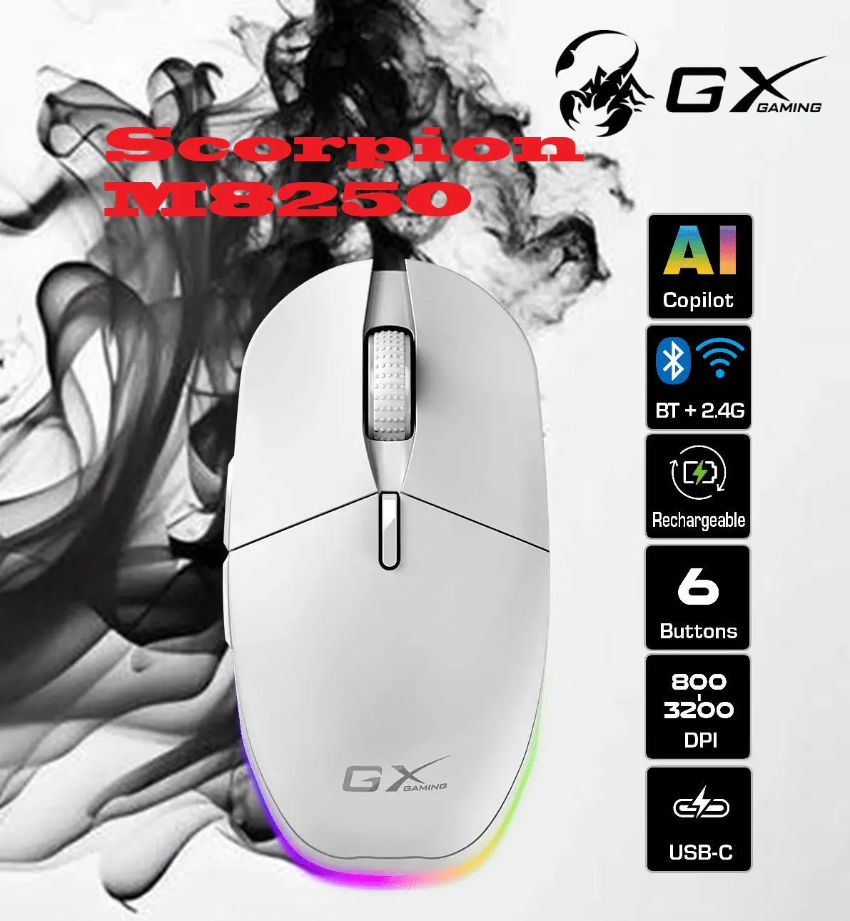 Genius Scorpion M8250 Wireless 2.4GH Bluetooth Rechargeable Gaming Mouse with LED, Dual Mode (Bluetooth 5.0 & 2.4GHz) , RGB Backlighting, Adjustable DPI (800-3200), AI Copilot Key, USB-C Charging, for Gaming and Work | WHITE