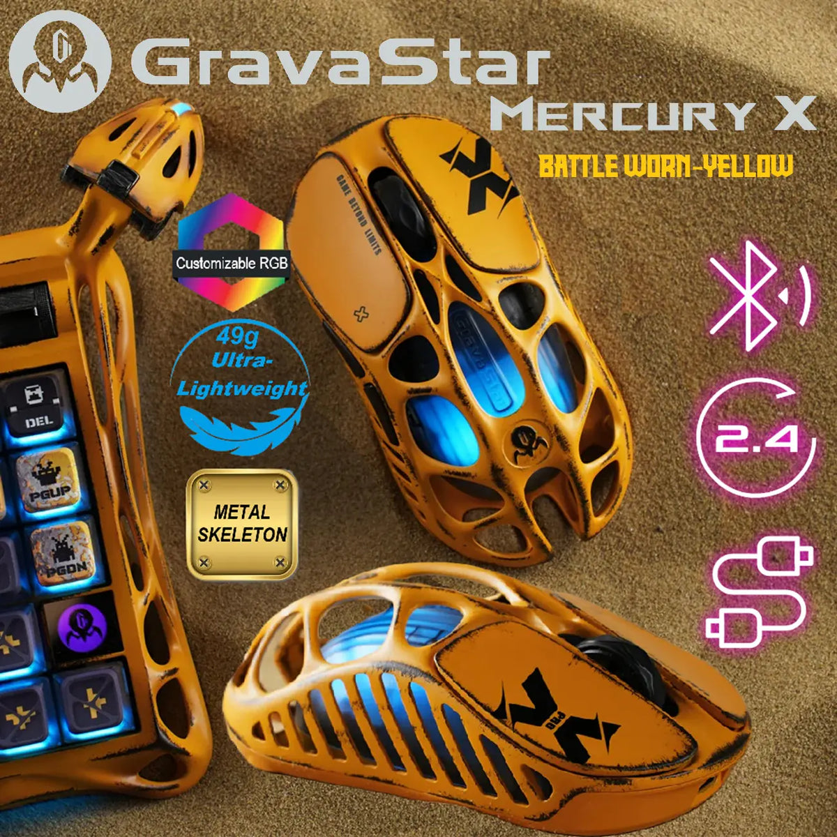 GravaStar Mercury X Ultra-Light Gaming Mouse – Magnesium Alloy, 32,000 DPI, PAW 3950 Sensor, 1K Polling Rate, Tri-Mode, RGB, Ergonomic Hollow Design, 5 Programmable Buttons, Web-Based Software | Battle Worn-Yellow