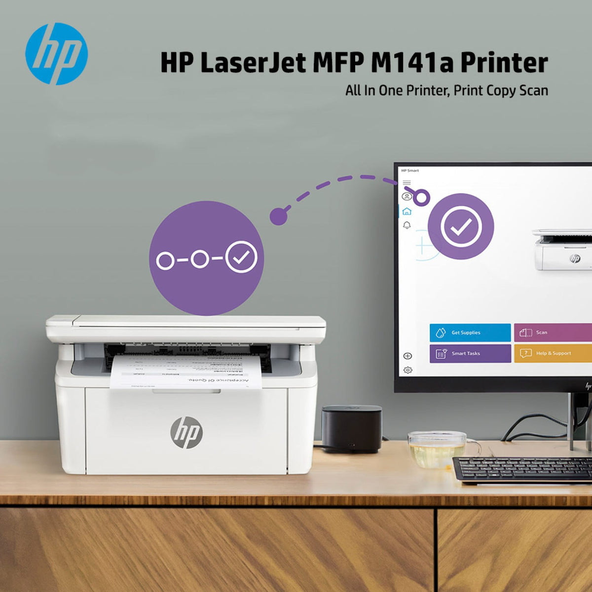 HP LaserJet MFP M141a Multifunction All In One Printer, Print – Copy – Scan , 21 – 30 Print Speed, USB Connectivity, 100 Sheets Output Capacity, Up to 21 cpm Copy Speed, LED Display, White | 7MD73A