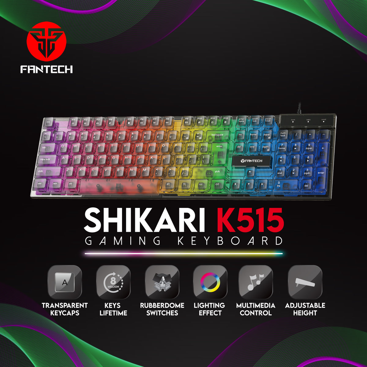 Fantech Shikari K515 RGB Wired Gaming Keyboard with 6 Keys Advance Anti-Ghosting | Transparent cover & Keycaps | 104 Keys Membrane Switch