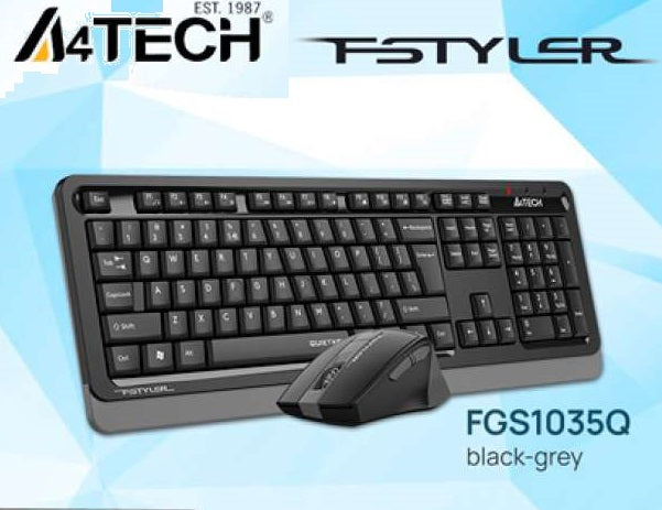 A4ech FGS1035Q 2.4G Wireless & Keyboard Mouse Set – Quiet Key Keyboard + Silent Clicks Mouse Set – 2.4GHz Wireless – 1200-1600-2000 DPI – Right-Handed Fit Mouse – Multimedia Hot Keys – Dark Grey