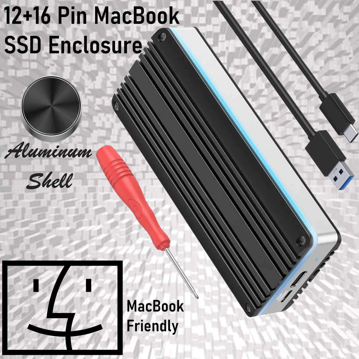 USB-C 3.2 SSD Enclosure For 12+16 Pin MacBook SSDs, 20Gbps Aluminum Adapter With RGB Indicator, Supports 2013–2017 MacBook Pro/Air/iMac SSD, Not NVMe/SATA Compatible | BLACK