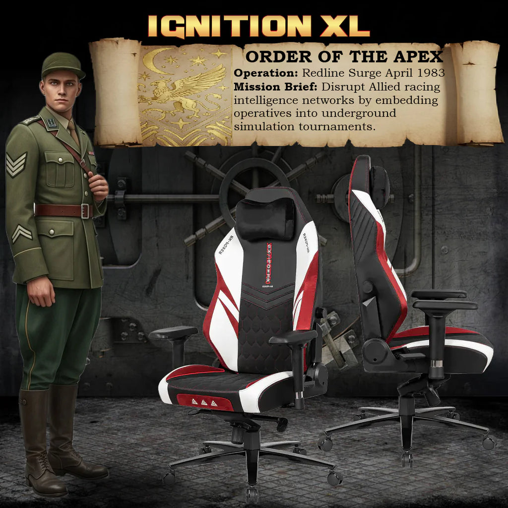 APEX SEAT “Ignition XL” Gaming Chair With 160KG Capacity, PU+Velvet+Suede Upholstery, Recline 90–141°, 4D Armrests, Magnetic Headrest, Class-4 Gas Lift, Frog Mechanism, Iron Base , ≤160KG Capacity| RACING BLACK RED WHITE