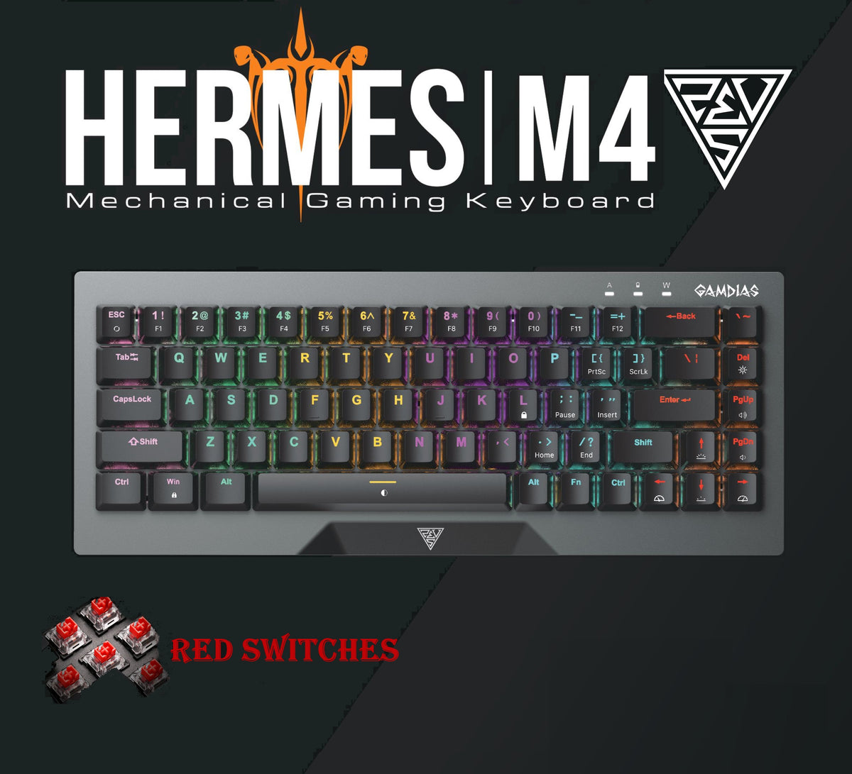 GAMDIAS HERMES M4 Gaming Mechanical Keyboard 65% Form Factor , Hotswappable Red Switch , 20 RGB Effects ,Anti-ghosting With N-key Rollover , Software Customizable Macro Key , Metal Contoured Finish
