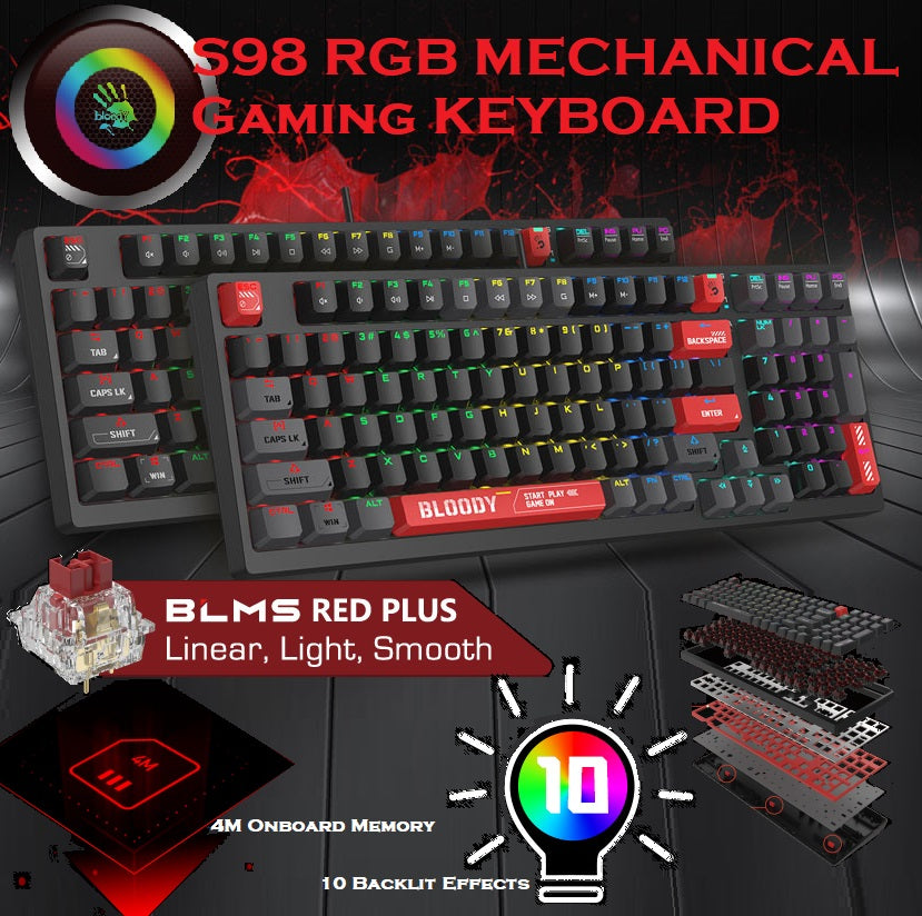 bloody S98 RGB Mechanical Gaming Keyboard with BLMS Red Plus Hot-Swappable Switch | RGB Backlit 98-Key Style Keyboard | 3-Direction Cable Management | 4M Onboard Memory | N-Key Rollover | Bloody Red