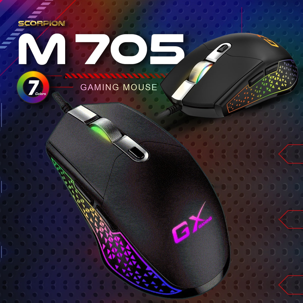 Genius Scorpion M705 RGB Gaming Mouse – 7 Breathing LED Colors – 6 Programmable Buttons – Adjustable DPI (800, 1600, 2400, 3200, 4800, 7200) – 1.8 m USB Braided Cable | Black