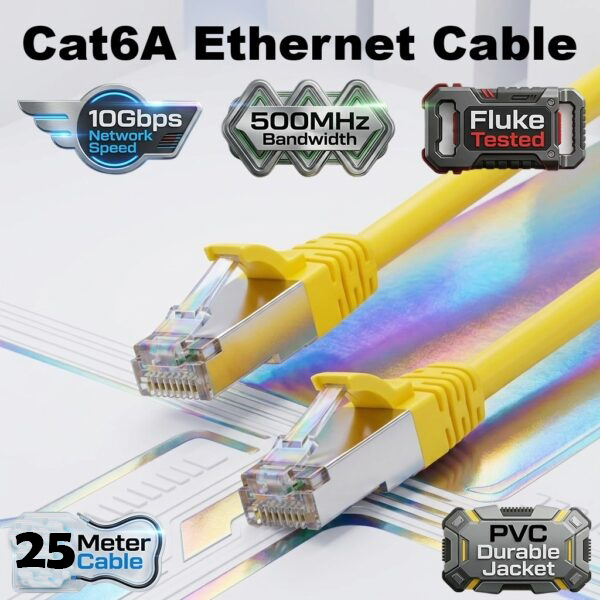 Cat6A Ethernet Cable 25 Meter – 10Gbps 500MHz Network Speed, Fluke Passed LAN Cable With 26AWG Bare Copper Core, Gold Plated RJ45 Connectors, UTP PVC Jacket For PC, Router, PS5, Xbox, TV, CCTV | YELLOW